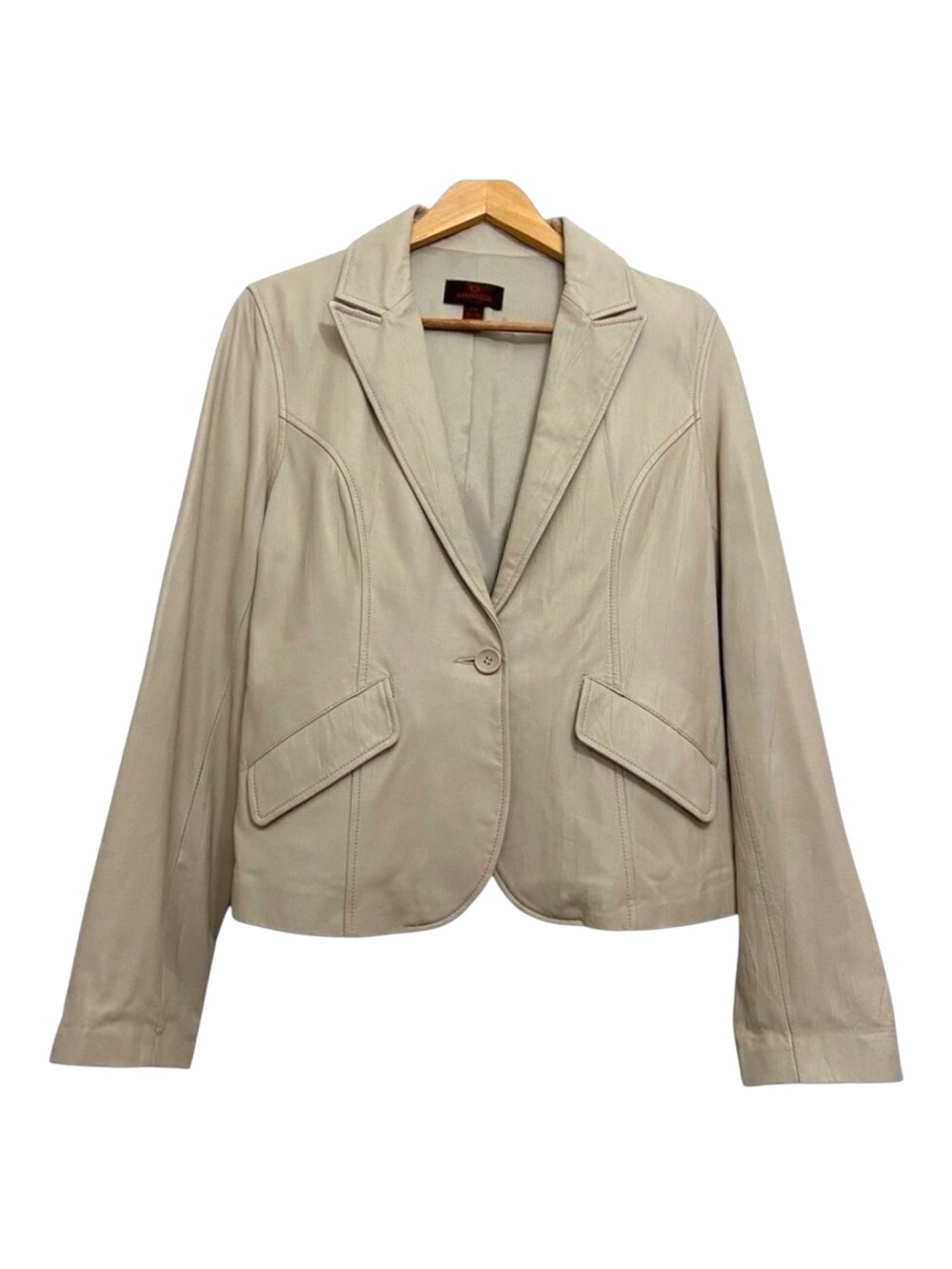 DANIER Genuine Leather Blazer L Cream Ivory Tailored Fitted Quiet Luxury Jacket